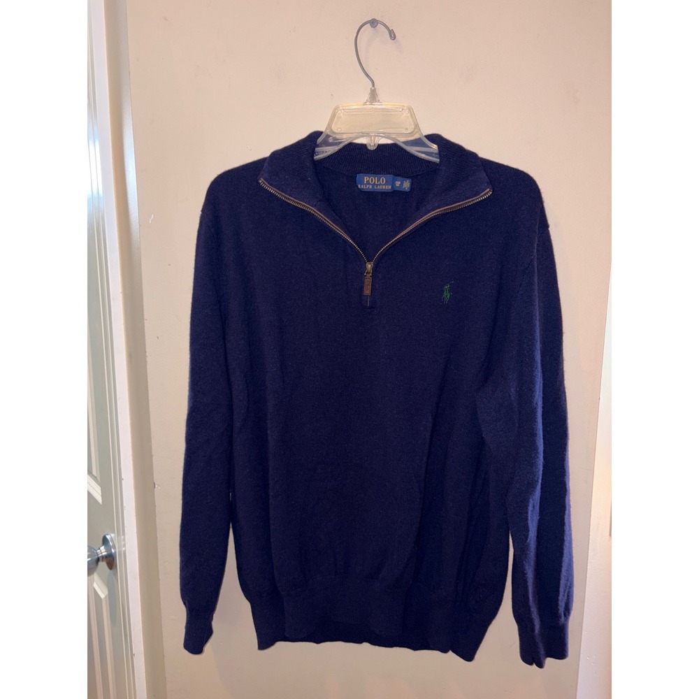 Polo Ralph Lauren Mens Navy Blue 100% Merino Wool Quarter Zip Sweater Size Large
